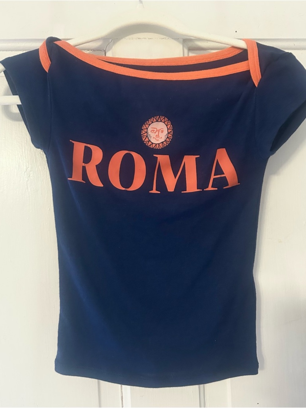 Urban Outfitters Navy Crop Top with Orange ROMA Graphic